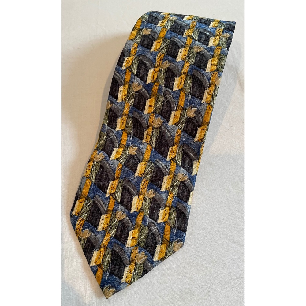 Ermenegildo Zegna Mens Silk Tie Blue Gold Grey Geometric‎ Abstract Floral Italy